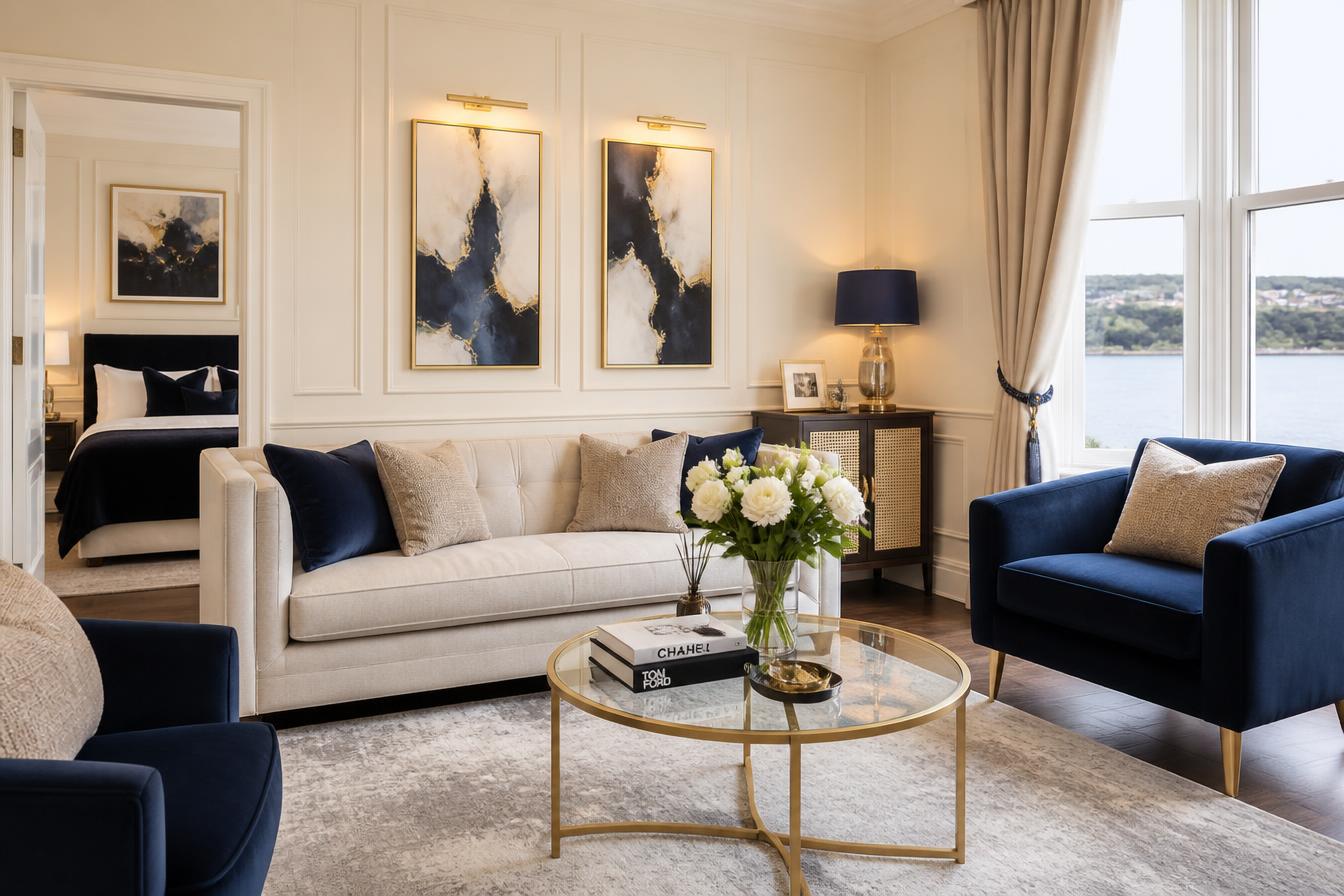 A professionally staged short-let living room in navy, cream and gold tones